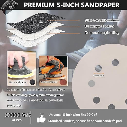 50PCS 5 Inch Hook and Loop Sanding Discs 10000 Grit, 8 Hole Wet Dry Orbital Sander Sand Paper, Silicon Carbide Sandpaper for Automotive Wood Metal Glass