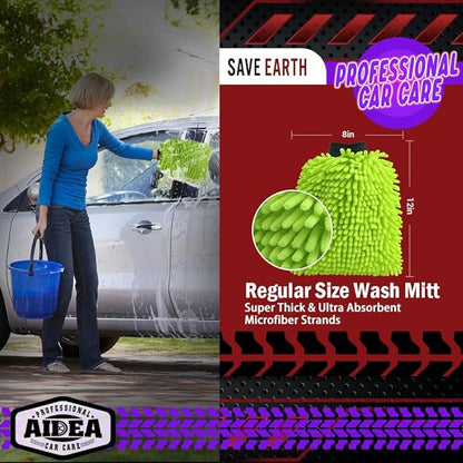 AIDEA Car Wash Mitt Microfiber, 2PK-Scratch-Free& Lint-Free, Premium Chenille Microfiber Wash Mitt-Green Extra Large Size (8''X12'')