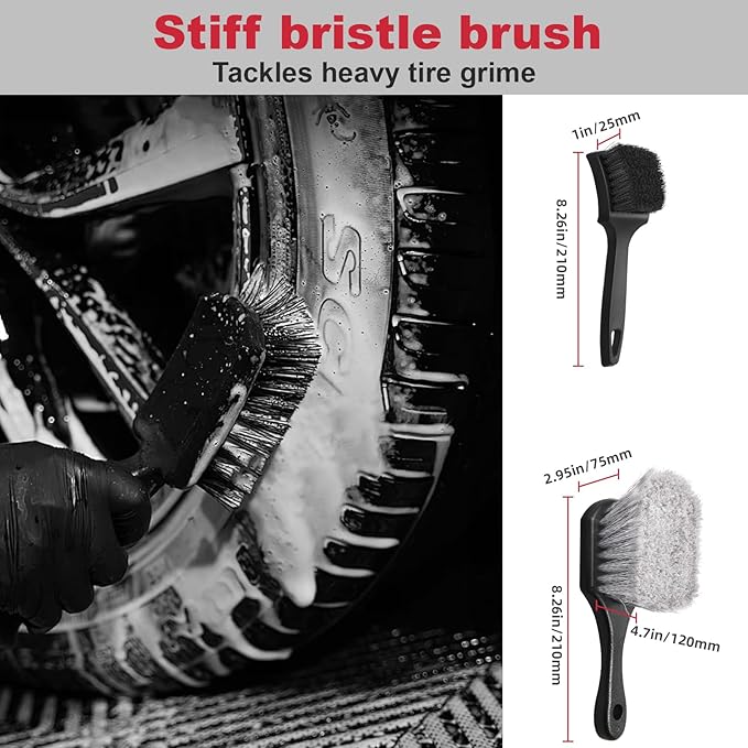 Wuqazu 4PCS Compact Wheel & Tire Cleaning Kit - 360° Flexible Synthetic Wool Rim Brush, 2 Dual-Bristle Brushes & Microfiber Towel | Scratch-Free for All Vehicles