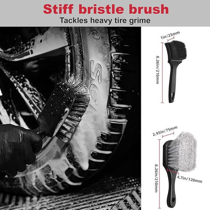 Wuqazu 4PCS Compact Wheel & Tire Cleaning Kit - 360° Flexible Synthetic Wool Rim Brush, 2 Dual-Bristle Brushes & Microfiber Towel | Scratch-Free for All Vehicles