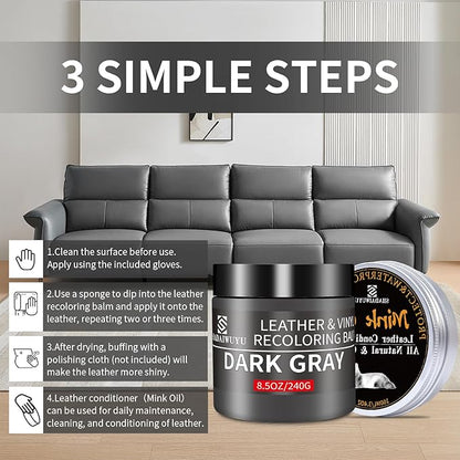SHADAIWUYU 8.5oz Leather Recoloring Balm with 100ml Mink Oil,Dark Gray Leather Repair kit for Furniture and Car Interior,Leather Couch Scratch Repair,Leather Dye Paint,Mink Oil for Leather