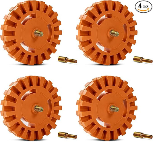 4PCS Decal Remover Eraser Wheel Tool Kit with Drill Adapter, 4 Inch Rubber Adhesive Remover Wheel for Removes Car Stripes Vinyl Tapes and Graphics, Rubber Wheel Decal Remover for Cars, RV, Boats