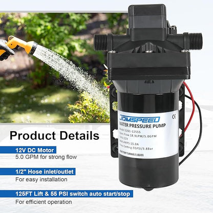 5.0 GPM 12V DC 55 PSI Revolution Water Pump with Pressure Switch Compatible with Camper, RV, Shower, Sprayer