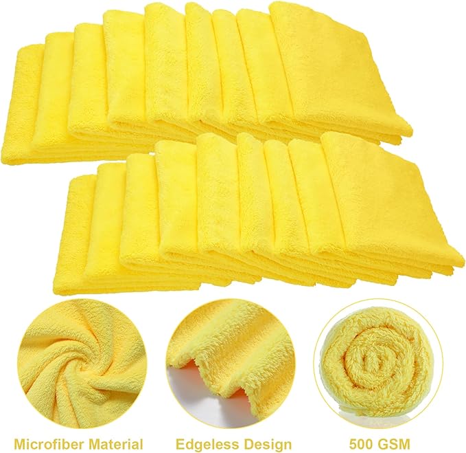 Shimeyao 30 Pcs Edgeless Microfiber Plush Towels for Cars Detailing Drying Wash Polishing Absorbent Cleaning Cloths, 500 GSM(16 x 16 Inch, Yellow)