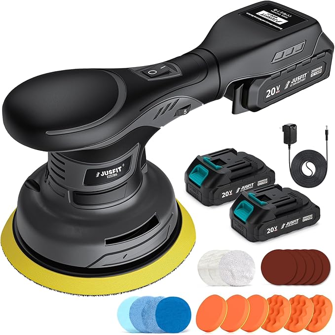 JUSFIT Cordless Car Buffer Polisher kit, 2x 2000mAh 20V Batteries, 6-Speed Brushless Motor, 6-Inch Pad, 3.0LB Lightweight, Dual Action Random Orbital, Car Detailing, Boat, Wood & Furniture