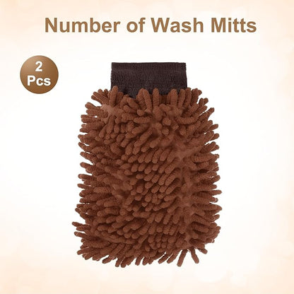 HARFINGTON 2pcs Chenille Microfiber Car Wash Mitts 9.8" x 7.9" Scratch Free Wash Gloves Absorbent Double Sided Plush Cleaning Drying Mitts for Car Washing Home Brown