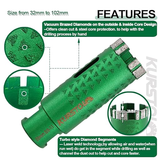 KURSTOL Diamond Core Drill Bits - 2pcs 1-1/4 Inch with 58-11 Thread Granite Hole Saw Dry or Wet Drilling Hard Stone Marble Concrete Quartz Countertop Laser Welded Masonry Coring(32mm)