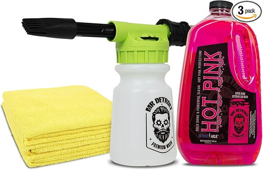 Mr. Detroit - 3pc Car Wash Kit with Foam Blaster, 64oz Car Wash Soap, Microfiber Towels (Pack of 3), Scratch-Free Wash Gun Foam Cannon Streak-Free Exterior Cleaner for Auto Cleaning & Home Use