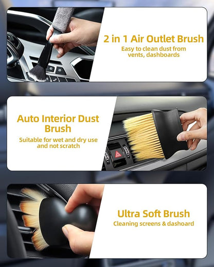 Car Detailing Brush Set, Ultra Soft Boars Hair Car Interior Detailing Brushes, Car Interior Detailing Kit, Car Cleaning Gel Supplies Kit, Car Dust Brush, Car Accessories for Truck, SUV, Interior-3pcs