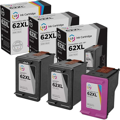 LD Products Remanufactured Ink Cartridge Replacement for HP 62XL High Yield (2 Black, 1 Color, 3-Pack) Compatible with Envy 5540 5540 5541 5542 5543 5544 5545 5546 5740 5741 5742 5743 5744 5745