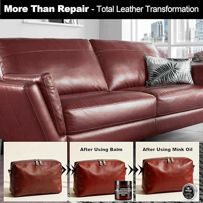 8.5 OZ Leather Recoloring Balm with 100ML Leather Conditioner - Maroon Leather Repair Kit for Furniture, Leather Dye, Recolor, Renew, Repair & Restore Aged, Faded, Cracked, Peeling and Scuffed Leather