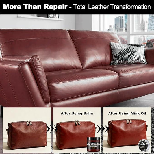 8.5 OZ Leather Recoloring Balm with 100ML Leather Conditioner - Maroon Leather Repair Kit for Furniture, Leather Dye, Recolor, Renew, Repair & Restore Aged, Faded, Cracked, Peeling and Scuffed Leather