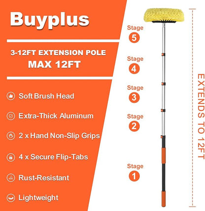 Buyplus 12FT Car Wash Brush with Long Handle, 12-Inch Soft Bristle, with Aluminium Telescoping Pole, for Cleaning Car, SUV, RV, Boats, House Siding, Floors, Solar Panels, and More