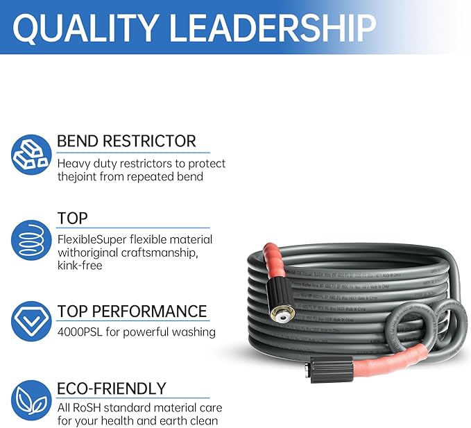 Pressure Washer Hose 25FT 1/4", Kink Resistant Power Washer Hose Compatible with M22 Fittings, Replacement For Most Brand Pressure Washers, 4000 PSI, Grey
