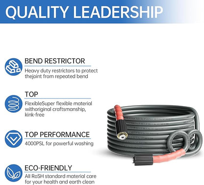 Pressure Washer Hose 25FT 1/4", Kink Resistant Power Washer Hose Compatible with M22 Fittings, Replacement For Most Brand Pressure Washers, 4000 PSI, Grey