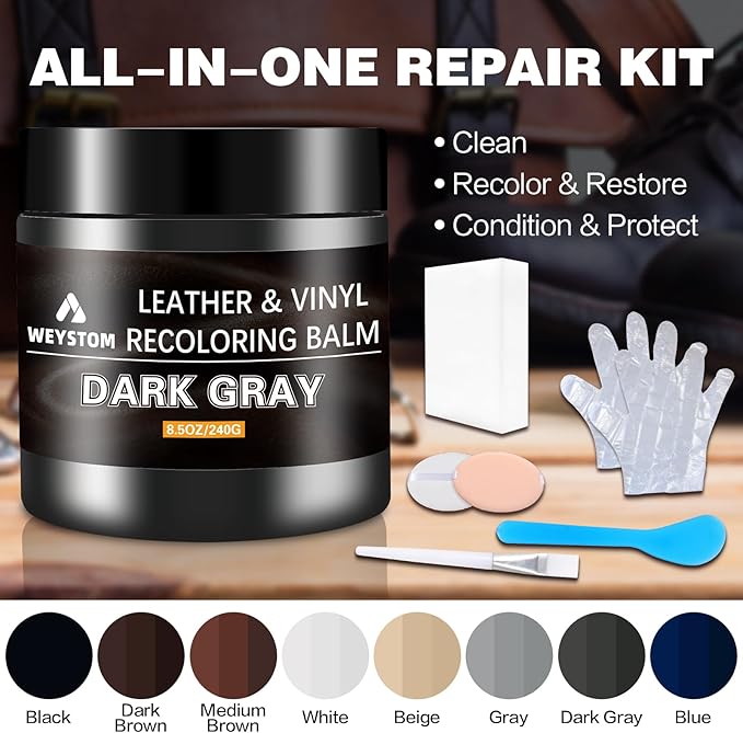 Leather Recoloring Balm - Leather Repair Kit for Furniture, Dye, Recolor, Renew, Repair & Restore Aged, Faded, Cracked, Peeling and Scuffed（Dark Gray）