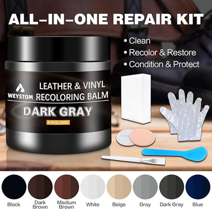 Leather Recoloring Balm - Leather Repair Kit for Furniture, Dye, Recolor, Renew, Repair & Restore Aged, Faded, Cracked, Peeling and Scuffed（Dark Gray）