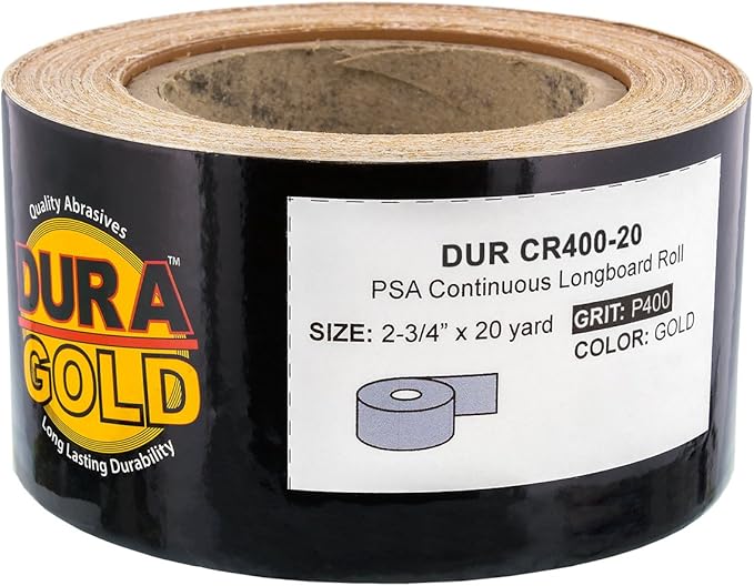 Dura-Gold Premium Gold 400 Grit PSA Longboard Sandpaper, 20 Yard Roll, 2-3/4" Wide, Self Adhesive Stickyback, Woodworking & Automotive Sandpaper Roll, Air File Sand Paper, Auto Sanding Blocks