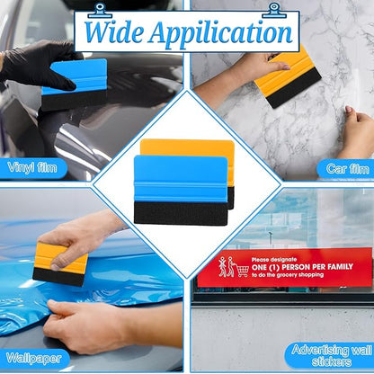 50 Pack Plastic Vinyl Squeegee, 4 Inch Felt Edge Squeegee for Tint Film Decal, Vinyl Wrap Installation Wallpaper Smooth Tool, Vinyls Scraper Decal Applicator Tool, Blue & Yellow