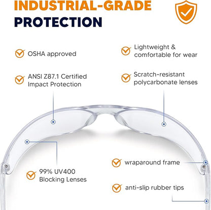 Clear Safety Glasses 24pk, Protective Eyewear UV Protection ANSI Z87.1, Safety Goggles Scratch& Impact Resistant Eye Protection for Men Women Work Construction Lab Clear& Blue Frame