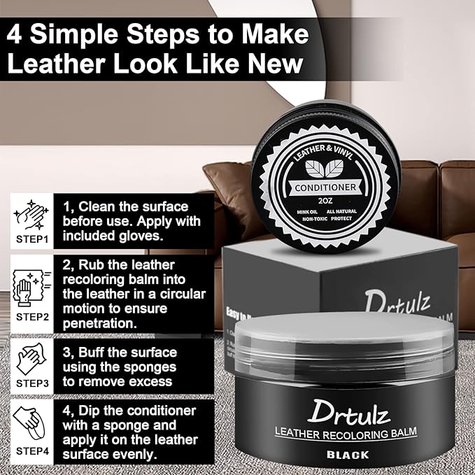 drtulz Black Leather Recoloring Balm, Leather Color Restorer Conditioner, Leather Repair Kits for Vinyl Furniture, Sofa, Car Seats, Shoes - Repair Leather Color on Faded & Scratched Leather Couches