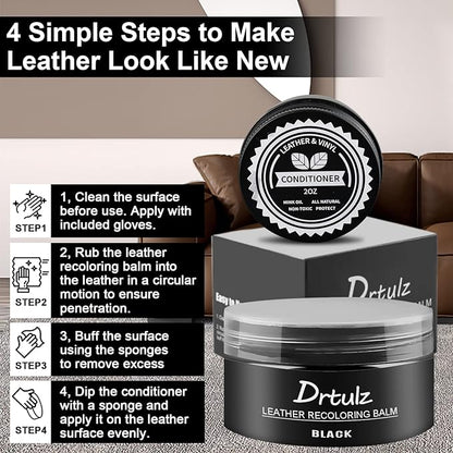 drtulz Black Leather Recoloring Balm, Leather Color Restorer Conditioner, Leather Repair Kits for Vinyl Furniture, Sofa, Car Seats, Shoes - Repair Leather Color on Faded & Scratched Leather Couches