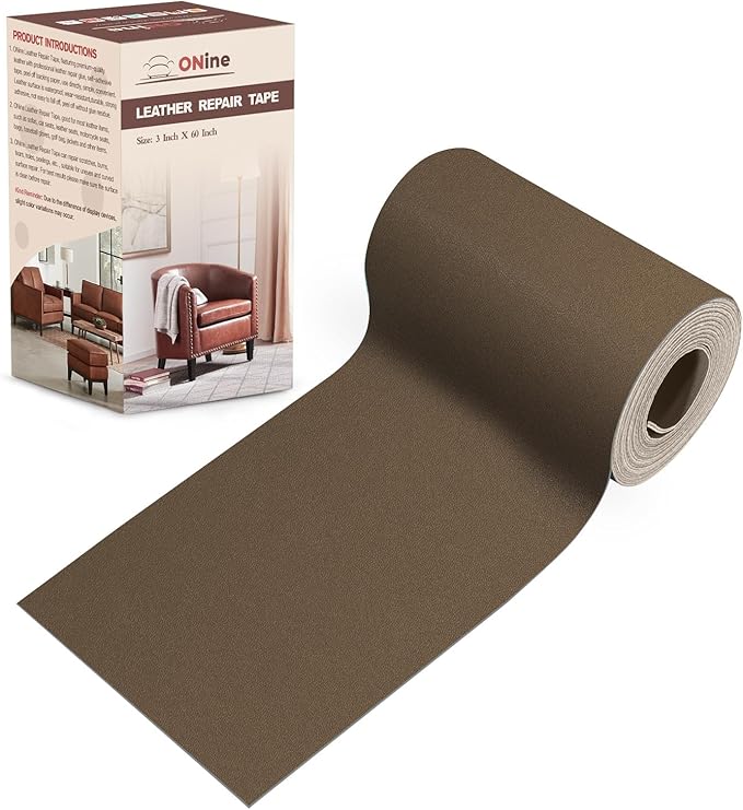 ONine Leather Repair Patch，Leather Repair Tape, 3 x 60 inches Leather Repair Patch for Furniture,Sofas, Office Chair,car Seats,Vinyl Repair Kit(Dark Khaki)