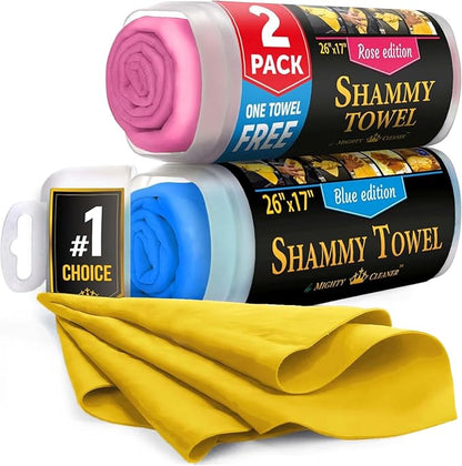 Premium 2pk +1 Free Shammy Cloth for Car Drying - 26"x17" - Super Absorbent Chamois Towel - Scratch-Free, Reusable & Soft Wash Cloth - Car Drying Towels