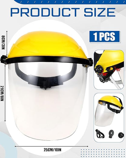 Tellegloww 4 Pcs Safety Face Shield for Grinding and Cutting, Clear Impact Resistant Visor, Full Face Shield Mask with Ratchet Headgear for Grinding, Isolation, Weed Whacking, Industrial Use (Yellow)