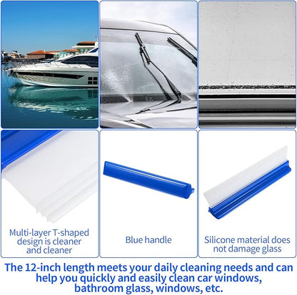 SHENLIU 4 Pack Car Squeegee, 12 inch Flexible Car Water Scraper Tool Silicone Window Squeegee for Cars Window Glass Home Washing & Wiping Glass, Mirror & Shower Doors, Blue