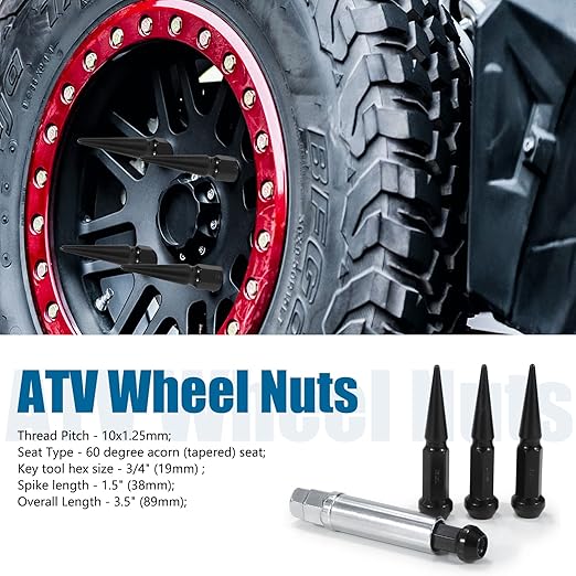 JiiinMiiin M10x1.25 Long Steel Spike Lug Nuts, Thread Pitch 10x1.25, Set of 16 ATV Wheel Nuts with A Socket. [Black]