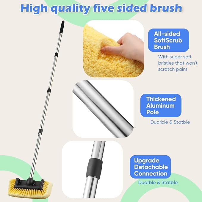 LemonRoad 65'' Five-Sided Car Wash Brush with Long Extendable Handle, Scratch-Free Soft Bristles Car Cleaning Wash Mop Kit, Universal for Truck RV SUV Boats Floors