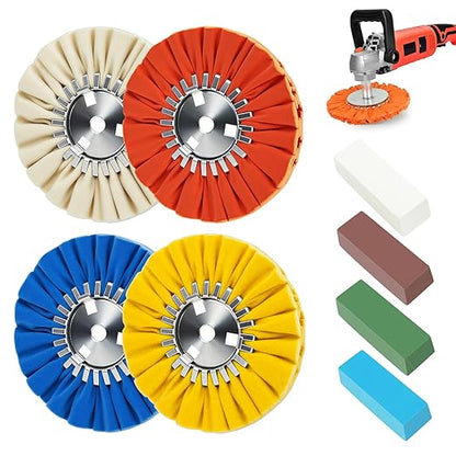 QZATTCAEN 16ply Aluminum Buffing Wheels Kit 8pcs, 8in Airway Forged Wheels Buffing Polishing for 5/8" Arbor Angle Grinder, with Polishing Compound 4pcs, for Metal Rim Rig Aluminum Brass Rust Removal