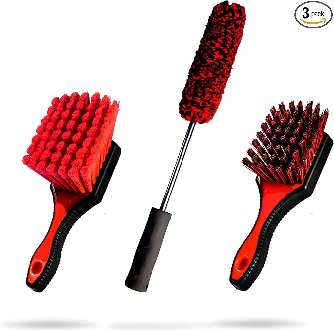 Adam's Wheel & Tire Brush Kit (3-Item) - Includes Wheel Brush, Tire Brush & Barrel Brush for Cleaning Rubber, Plastic, Chrome, Metal, Aluminum, Rim & Spoke Surfaces