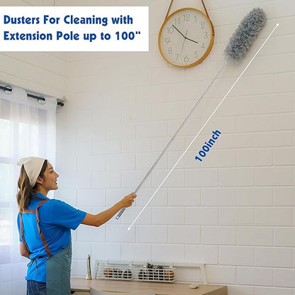 Dusters for Cleaning, Feather Duster Set, 10PCS Duster with Extension Pole Up to 100'' - Extendable, Bendable, and Washable for Ceilings, Chandeliers, and Furniture