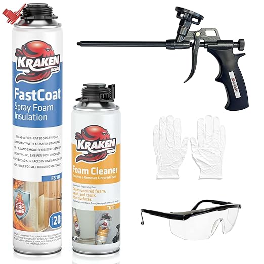 Kraken Bond Fastcoat Fire Rated Spray Foam Insulation (1x27.1 oz.) (R-Value 11.32 / 2in) Closed Cell Expanding Foam - Heat and Acoustic Insulation, Gun & Cleaner Includes, 20 Board Ft, 1 Pack