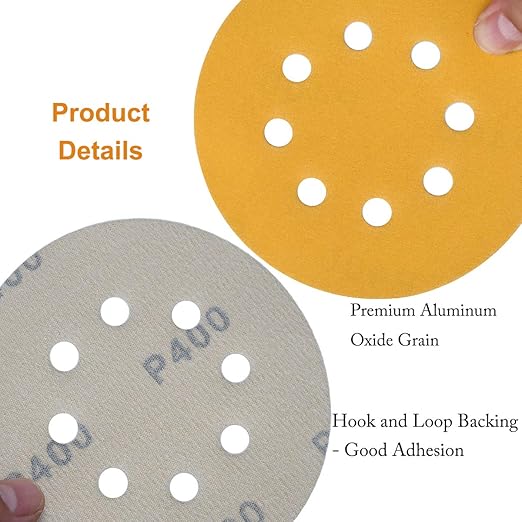 Aiyard 5-Inch 8-Hole Hook and Loop Sanding Discs 400-Grit Random Orbit Sandpaper, 100-Pack