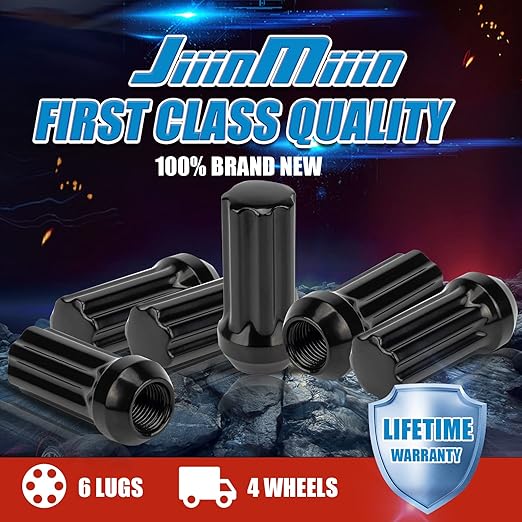 JiiinMiiin 32pcs M14x2.0 Lug Nuts Black with 7 Spline Tuner, 14x2 Locking Lugnut 2 inch Length with 1 Socket Key, 60 Degree Conical/Cone Bulge Seat Closed End