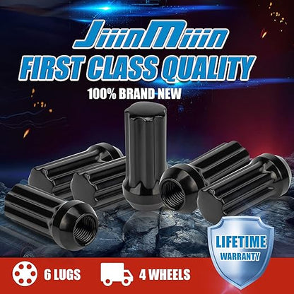 JiiinMiiin 32pcs M14x2.0 Lug Nuts Black with 7 Spline Tuner, 14x2 Locking Lugnut 2 inch Length with 1 Socket Key, 60 Degree Conical/Cone Bulge Seat Closed End