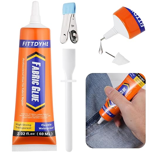 FITTDYHE Fabric Glue Permanent, 60 ML Washable Clear Clothing Glue, Super Fabric Adhesive for Rhinestones, Patches, Clothes, Denim, Leather, Polyester, Fabrics, Doll Repair, Flannel, Cotton