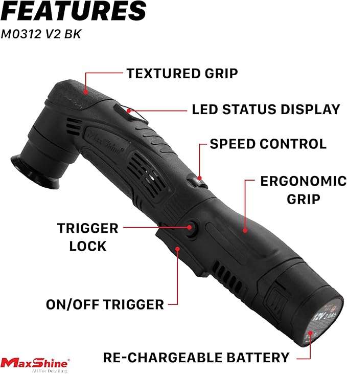 Maxshine Professional Portable Cordless Polisher M0312 V2 (Black) | Lightweight 1.93 lbs Portable DA/Rotary Car Buffer | 6-Speed Auto Detailing for Scratch & Swirl Removal, Paint Care, Gloss & Shine