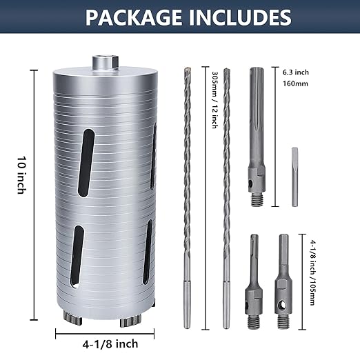 4-1/8 inch Diamond Dry Core Drill Bit, 10" Drilling Depth, 5/8"-11 Thread Core Drill Bit for Concrete Masonry Brick Block, Includes 3 Adapters SDS Plus, SDS Max and Hex (4-1/8 inch)