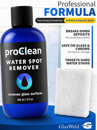 GlasWeld ProClean Hard Water Stain Remover for Glass & Metal – Non-Acid Mineral Deposit & Water Spot Remover for Cars & Shower Glass Cleaner - Removes Hard Spots from Windows – with Applicator Pad