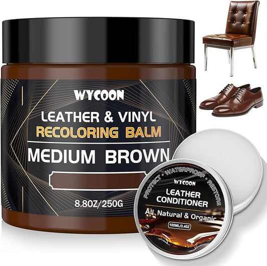 WYCOON Leather Recoloring Balm with 100ml Mink Oil Conditioner | Medium Brown Repair Kit, Dye & Color Restorer for Furniture, Sofa, Car Seats, Bags | Restore Faded & Scratched Surfaces