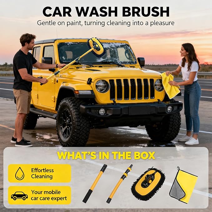 15° Curved Car Cleaning Brush with Telescopic Handle 56.7" Aluminum Alloy Long Rod Wash Mop for Cleaning RVs, Trucks, Boats