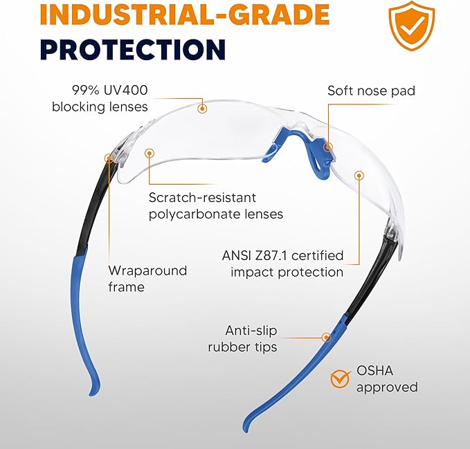 Clear Safety Glasses 3 Pack, Protective Eyewear UV Protection ANSI Z87.1, Safety Goggles Scratch & Impact Resistant, Eye Protection with Nose Pads for Men & Women Construction, Shooting, Lab Work