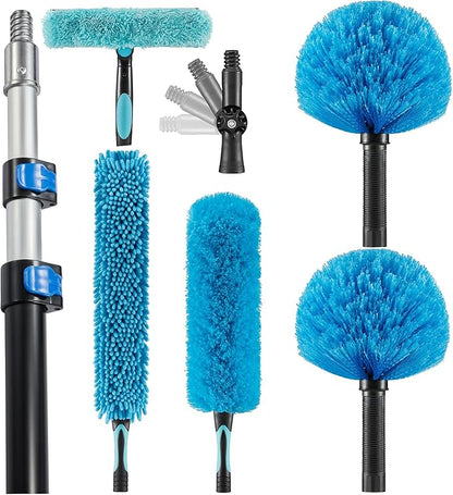 30 Foot High Ceiling Fan Duster with 6-24 Foot Extension Pole, Extendable Reusable Cobweb, Feather, Window Cleaning Squeegee Kit