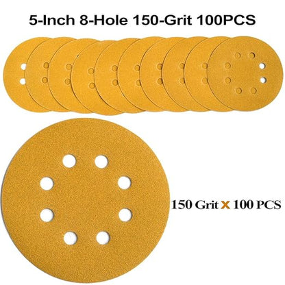 Aiyard 5-Inch 8-Hole Hook and Loop Sanding Discs 150-Grit Random Orbit Sandpaper, 100-Pack