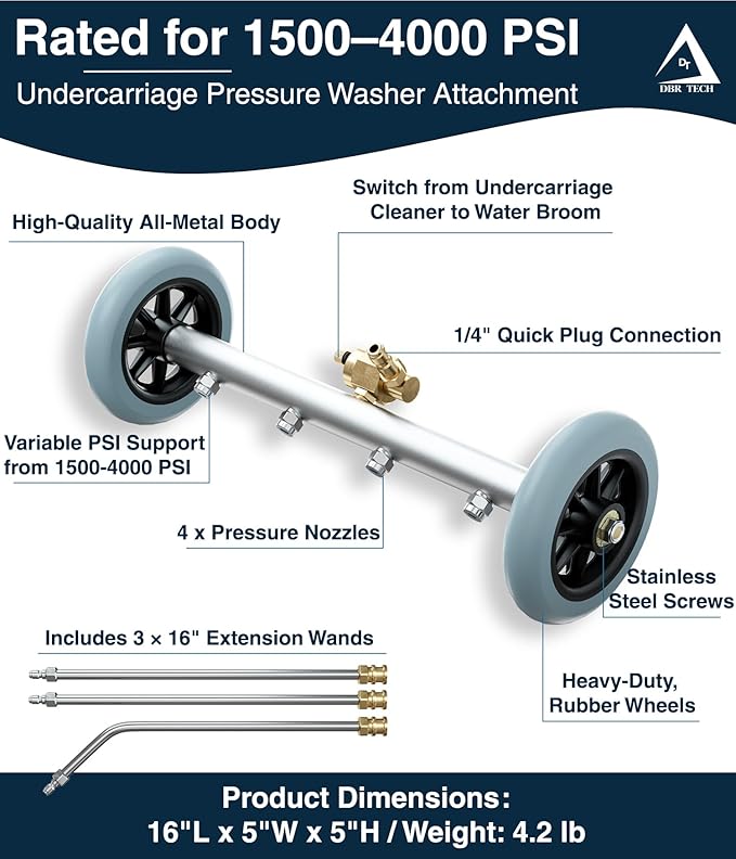 Pressure Washer Undercarriage Cleaner, 16 Inch, Professional-Grade, Power Wash Water Broom, Heavy Duty Sprayer for Under Car Clean, 1500-4000 PSI, Mud Salt Grime Dirt Cleaning, 3 Wands Attachment