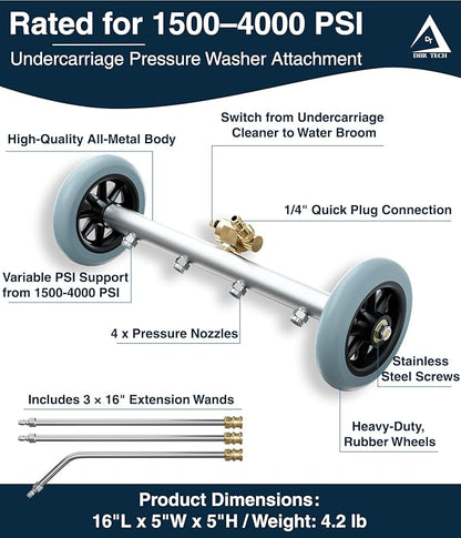 Pressure Washer Undercarriage Cleaner, 16 Inch, Professional-Grade, Power Wash Water Broom, Heavy Duty Sprayer for Under Car Clean, 1500-4000 PSI, Mud Salt Grime Dirt Cleaning, 3 Wands Attachment
